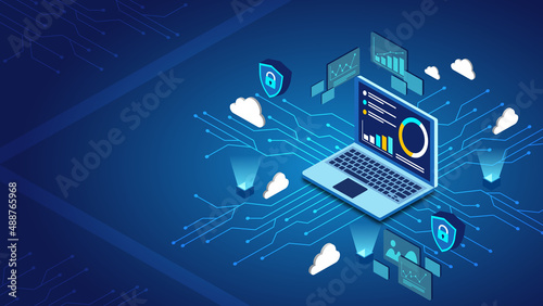 Isometric laptop technology and data sever on blue background.