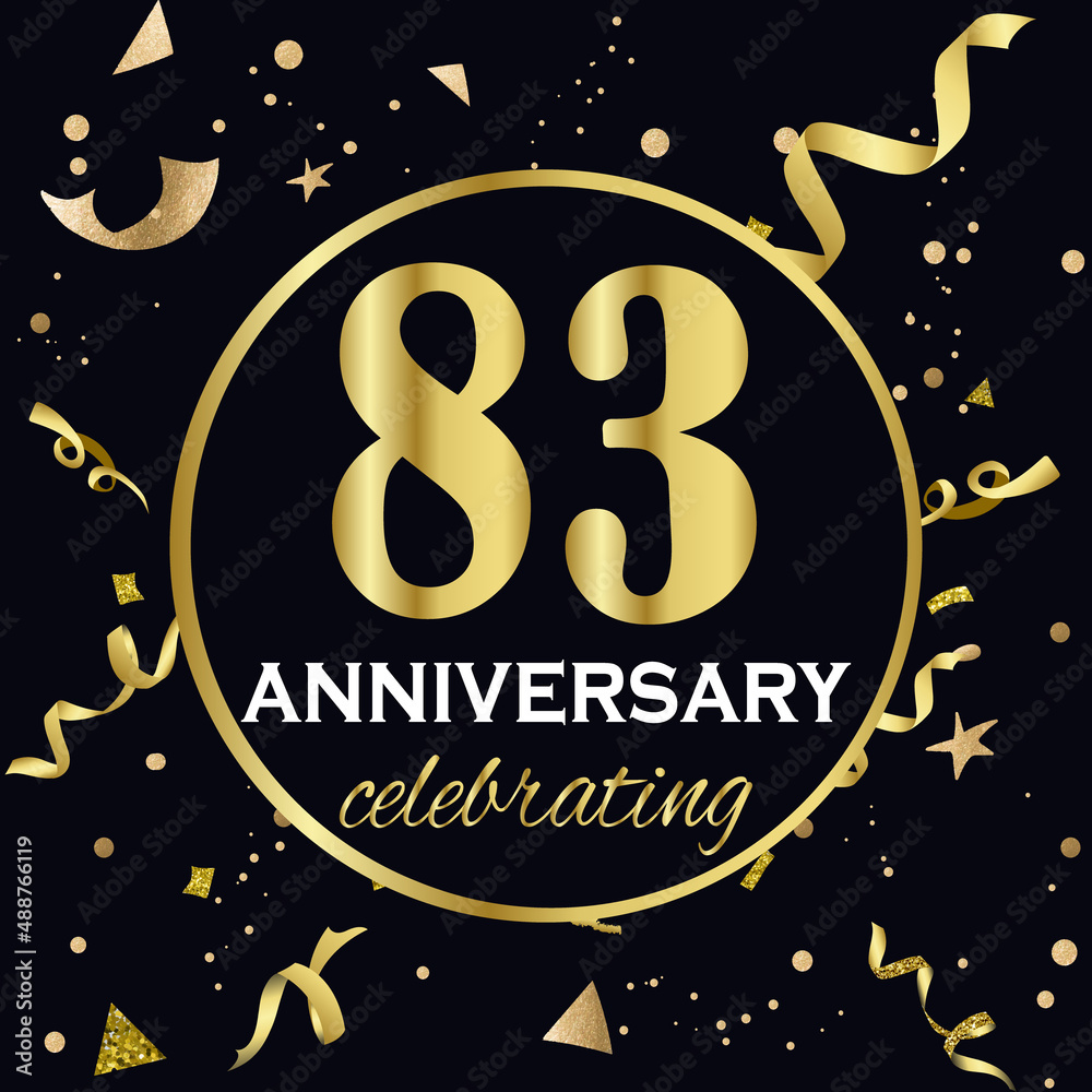 Anniversary celebration decoration. Golden number 83 with confetti, glitters and streamer ribbons on black background. 