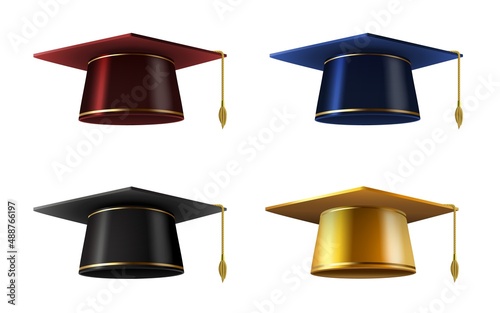 Golden, blue, red and black realistic 3d graduation cap. Academic square hat for university graduate student ceremony celebration vector set