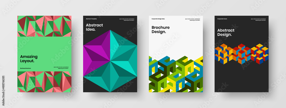 Simple annual report A4 vector design concept collection. Bright geometric hexagons corporate identity template bundle.