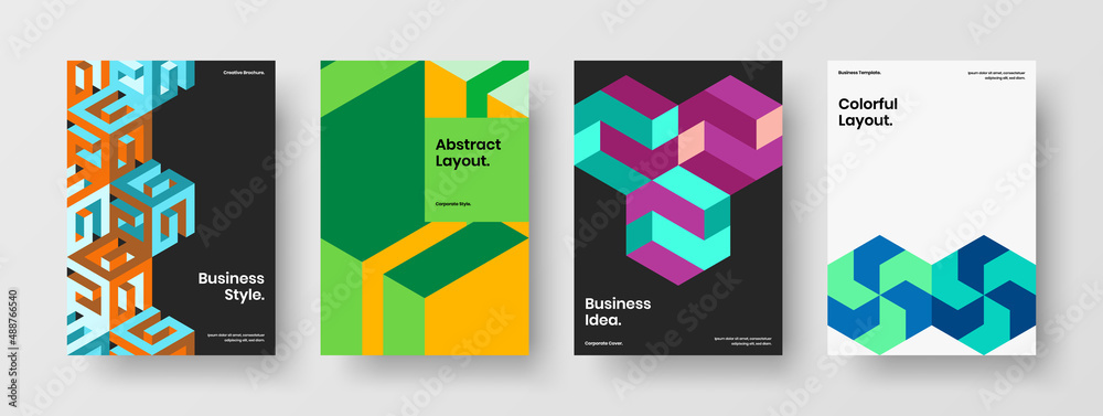 Fresh mosaic hexagons brochure illustration composition. Premium magazine cover A4 design vector template bundle.