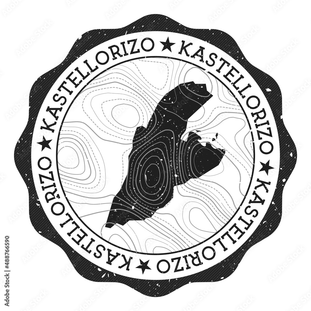 Kastellorizo outdoor stamp. Round sticker with map of island with topographic isolines. Vector illustration. Can be used as insignia, logotype, label, sticker or badge of the Kastellorizo.