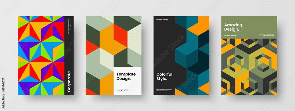 Isolated mosaic hexagons placard template collection. Vivid brochure A4 vector design illustration set.