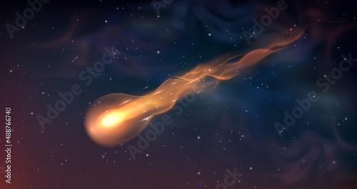 Realistic comet or falling meteor with trail in night sky with stars. Burning shooting star with glowing gas tail. Space vector background