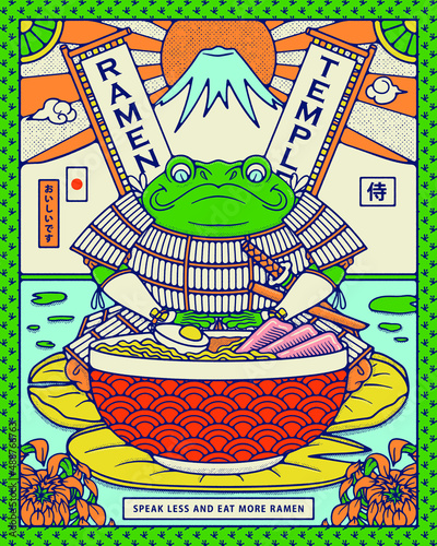 Samurai Frog Ramen Temple is a vector illustration of a Japanese warrior staring at a delicious bowl of ramen. The Kanji on the left stands for "delicious" and on the right means "samurai".