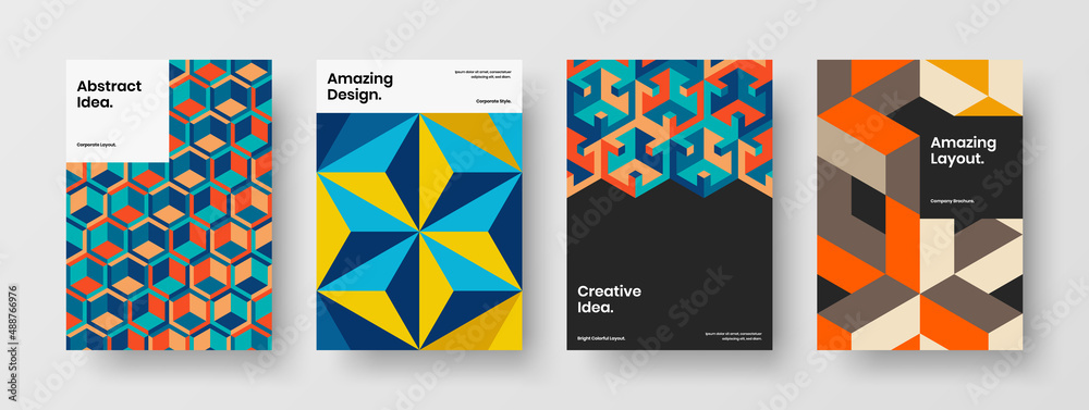 Bright corporate identity A4 vector design template composition. Multicolored geometric shapes flyer layout set.