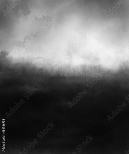 Hand painted foggy landscape. Versatile artistic image for creative design projects  posters  banners  cards  books  magazines  prints  wallpapers. Ink on paper.
