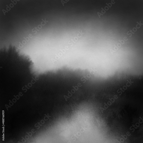Hand painted foggy landscape. Versatile artistic image for creative design projects: posters, banners, cards, books, magazines, prints, wallpapers. Black ink on paper.