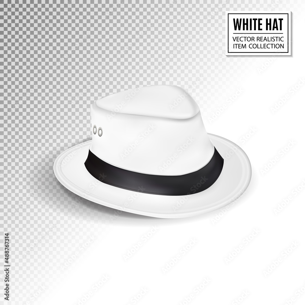 A white fedora hat, isolated on transparent background. Men's hat. Quality realistic Vector, 3d illustration - obrazy, fototapety, plakaty 