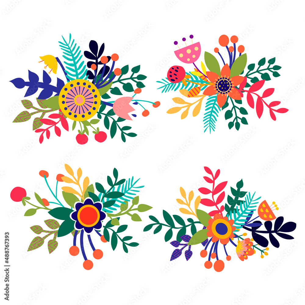 Colorful set with flowers cut in paper art folk style. Silhouette illustration. Vector drawing. Geometric