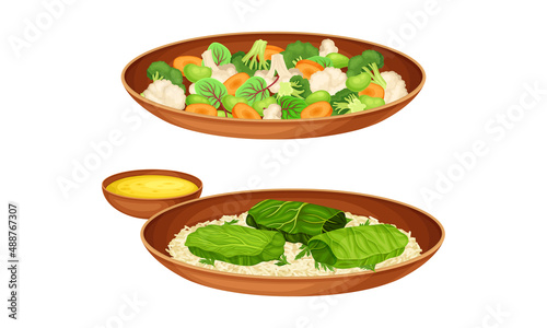 Delicious traditional Asian cuisine dishes set. Dolma and stewed vegetables vector illustration