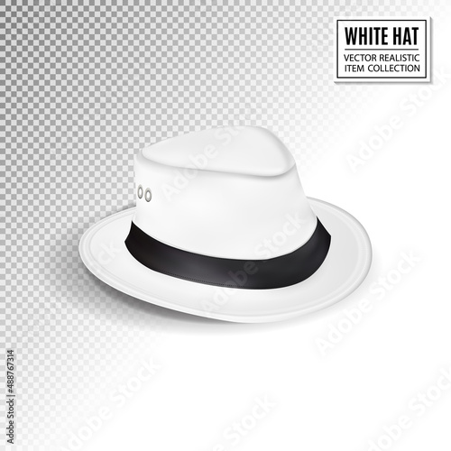 A white fedora hat, isolated on transparent background. Men's hat. Quality realistic Vector, 3d illustration