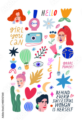 Vector collection with different colorful illustrations. Girls, camera, plants, stars, lettering, flowers. Perfect for stickers, tattoos.