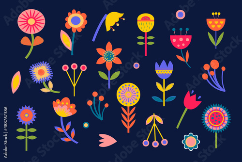 Flowers set in paper art folk style. Silhouette illustration. Vector drawing. Geometric ornament