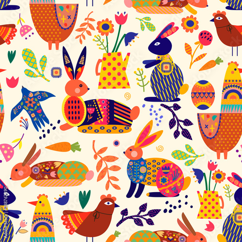 Easter holiday seamless pattern with chicken, rabbits and flowers, cut in paper art style. HAPPY EASTER. Vector