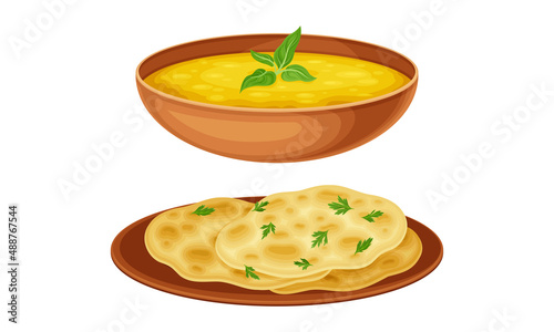 Delicious traditional Asian cuisine dishes set. Soup and pita bread vector illustration