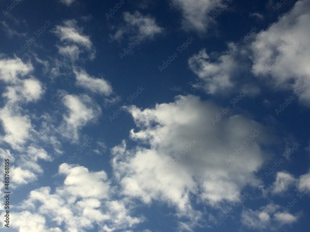 Fototapeta premium White fluffy cumulus clouds in the sky. Against the background of a dark blue sky, white and slightly gray clouds of various shapes and sizes are floating. The sun illuminates the clouds from one side