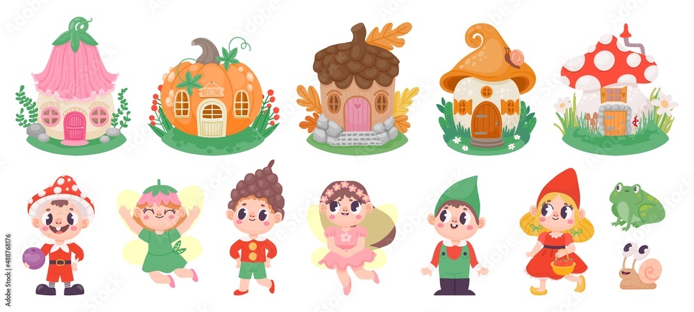 Cute cartoon fairies, elves and gnomes, fairytale houses. Magic flower fairy princess, gnome with mushroom hat. Fantazy character vector set Cute cartoon fairies, elves and gnomes, fairytale houses. Magic flower fairy princess, gnome with mushroom hat. Fantazy character vector set