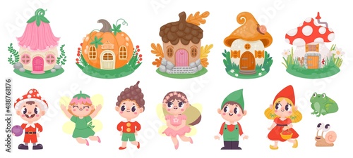 Cute cartoon fairies  elves and gnomes  fairytale houses. Magic flower fairy princess  gnome with mushroom hat. Fantazy character vector set