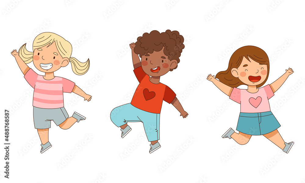 Happy kids jumping together set. Cute children having fun cartoon vector illustration