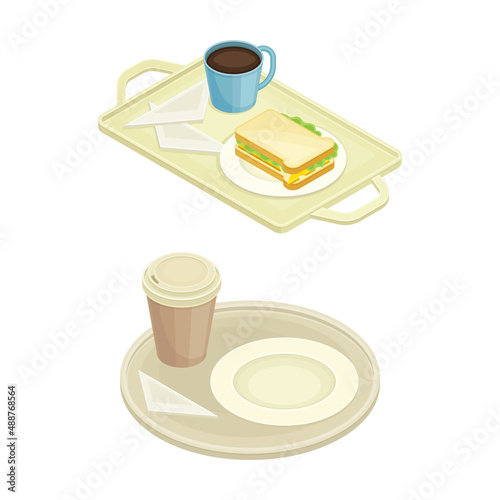 Fast food set. Sandwich, porridge and cup of coffee vector illustration