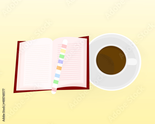 An open book to read and a cup of coffee or tea. The concept of recreation and leisure. Literacy Day, literary club. Vector flat illustration isolated on a light background