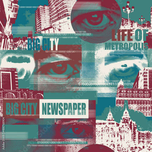 Abstract seamless pattern with overlay fragments of cityscapes, human eyes, headlines. Chaotic vector background on the theme of city life. Wallpaper, wrapping paper or fabric design in modern style