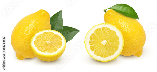  lemon fruit and sliced with leaves isolated on white background, Fresh and Juicy Lemon