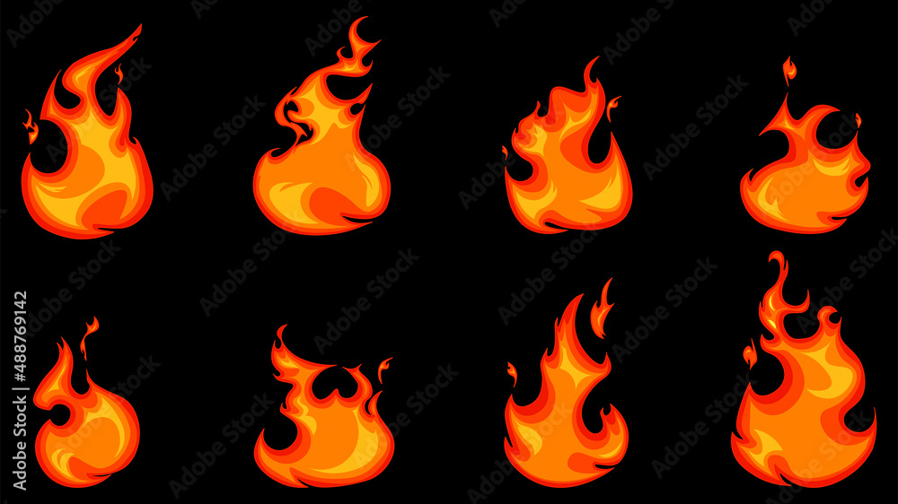 Set of fires on black background. Variety vector fires in flat style. Set of fires on black background. Variety vector fires in flat style.