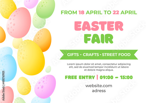 Easter fair poster template. Cartoon frame of colorful eggs on white background. Spring market concept. Vector 10 EPS.