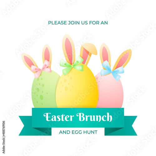 Easter brunch and egg hunt concept. Spring background template. Cute illustration of colorful eggs with bunny ears. Vector 10 EPS.