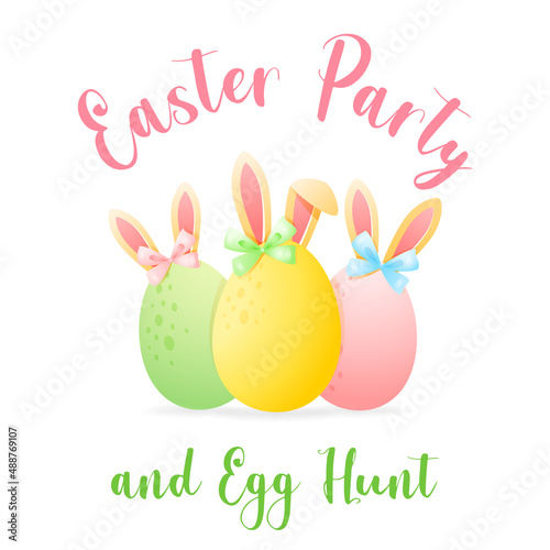 Easter party and egg hunt concept. Spring background template. Cute illustration of egg with bunny ears. Vector 10 EPS.
