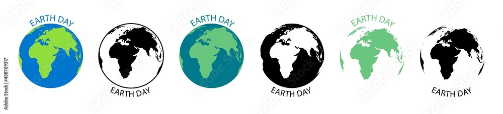 Earth day. Happy Earth day. Environment world day. Planet logo with map. Flat poster for nature. Save ecology and ecosystem. Vector
