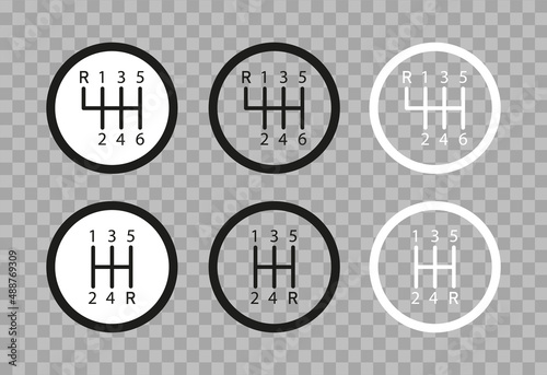 Car gear shifter. Icon of manual car gear shifter. Manual box of transmission. Symbol of gearbox for stick of auto. Icon of 5 or 6 on lever for speed. Logo isolated on transparent background. Vector