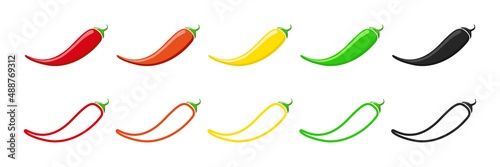 Chilli pepper meter icons. Outline of spicy, medium and low levels of pepper. Red, orange, yellow, green and black line icons. Vector