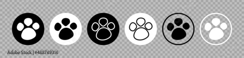 Paw dog print. Outline pawprint. Black and white icons isolated on transparent background. Cat footprint. Silhouette of paw pet print. Cartoon puppy. Animal illustration. Vector