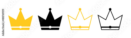 Crown icons. Gold and black crowns of king, queen, princess and prince. Outline silhouettes isolated on white background. Royal icons. Vector