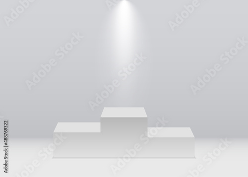 Podium of winner. Pedestal for first place. Stage and platform of olympic champion. Ceremony for winner, second and third places. White stand with illuminated of spotlight for award. Vector