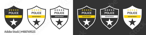 Police badge. Police department emblems isolated on white and black background. Flat outline badges with shields for cop, officer and sheriff. Symbol of detective and policeman. Vector