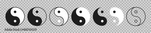 Yin yang symbol. Ying yan icon. Taoism sign. Yinyang symbol. Balance and harmony. Logo of meditation, karma, buddhism and japan. Black-white icon isolated on transparent background. Vector