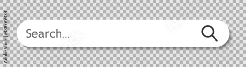 Search bar mockup. Search bar button with shadow isolated on transparent background. Searching internet browse. Menu for site, app and interface. Empty search frame for web adress. Vector