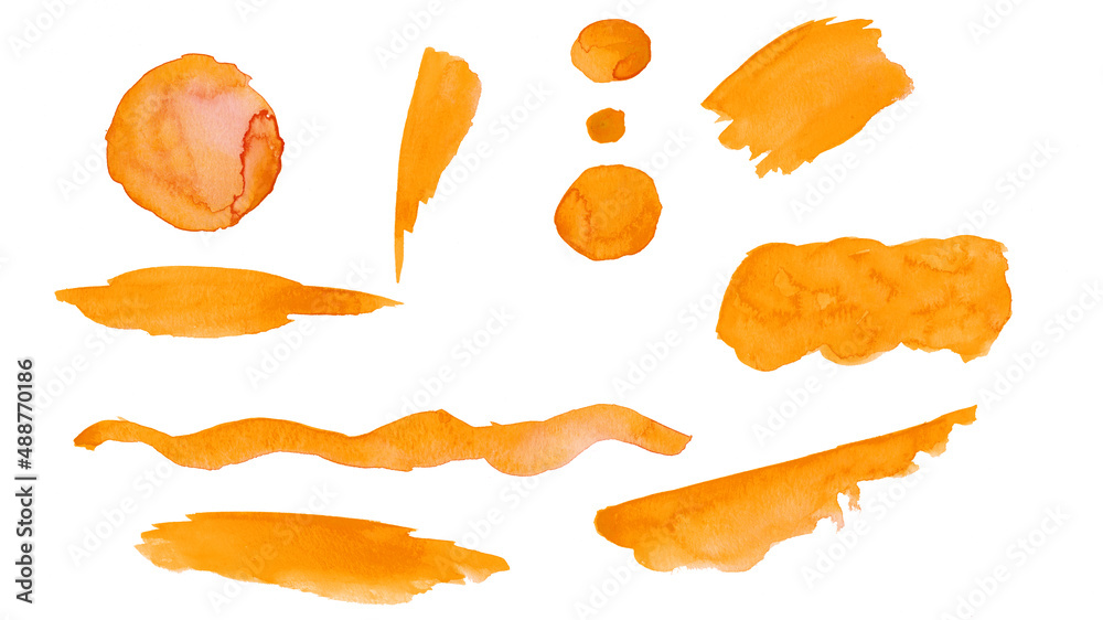 Set of colorful orange colors watercolor aquarelle brushes brushstroke template, splash circles hand drawing illustration, isolated on white background