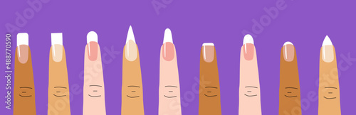 Set of different nails shapes. French manicure. Various skin tones on the fingers. Guide for beauty salons.