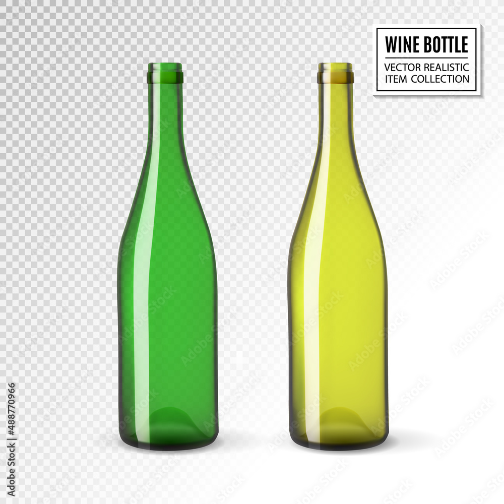 Vector blank and empty wine bottles of various green colors. Mockup. Realistic vector, 3d illustration Vector blank and empty wine bottles of various green colors. Mockup. Realistic vector, 3d illustration