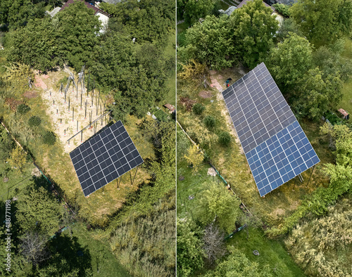 Aerial view of photovoltaic solar panels in grassy field before and after installation. Photo collage of male workers installing solar modules on metal structure and installed solar panel system.