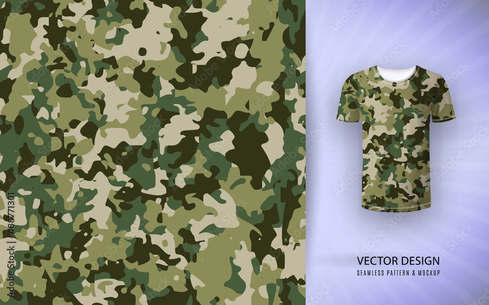 Tshirt camouflage background. Seamless pattern and shirt mockup. Vector