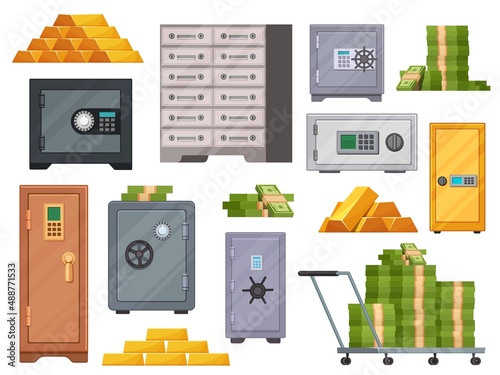 Cartoon bank vault safes, gold bars and money in stacks. Steel lockers, deposit boxes with code locks. Banks currency security vector set