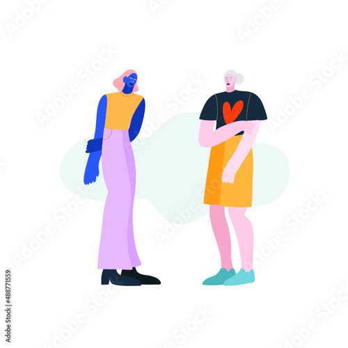Colorful vector illustration with two girls meeting each other for the first time. Acquaintance, friendship relationship concept. Abstract shape on the background.