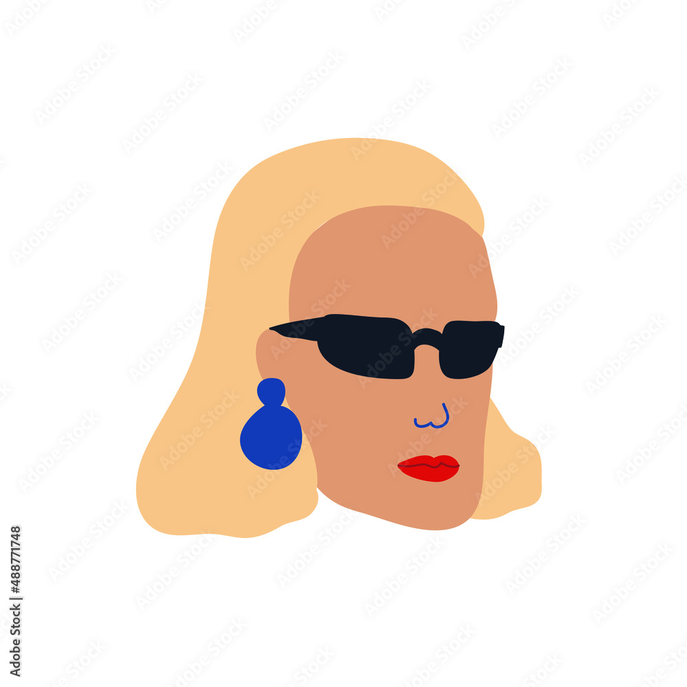 Minimalist portrait of lady with light blond hair in vector, blue earring and sunglasses. Depiction of woman's face.