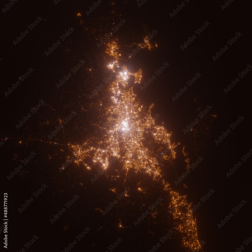 Brisbane (Australia) street lights map. Satellite view on modern city at night. Imitation of aerial view on roads network from space. 3d render with glow effect